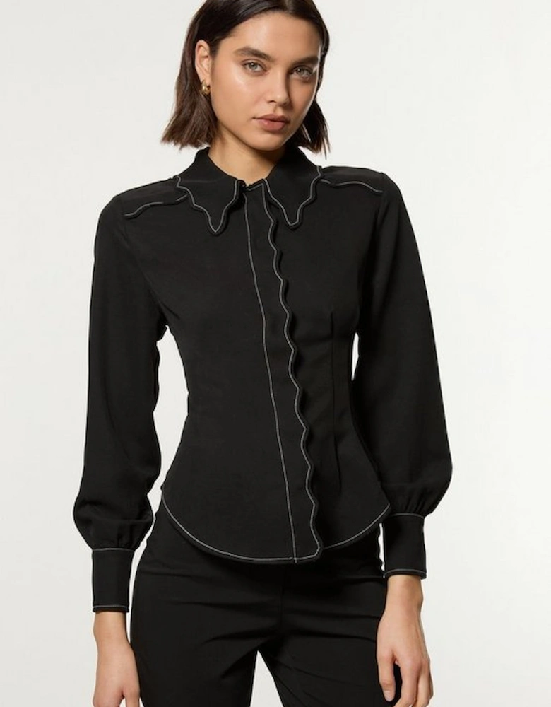 Scallop Trim Woven Crepe Blouse