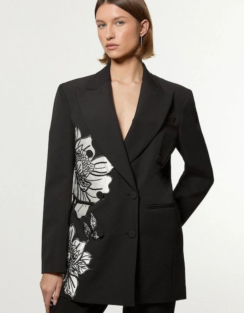 Tailored Applique Satin Beaded Tuxedo Blazer