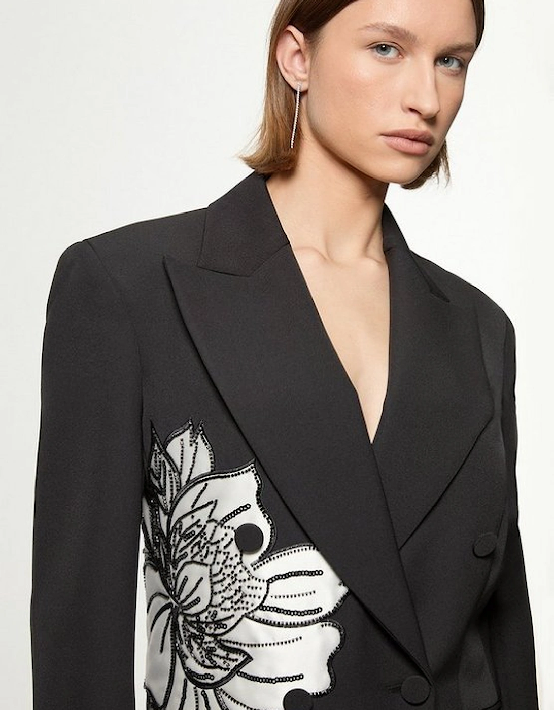 Tailored Applique Satin Beaded Tuxedo Blazer