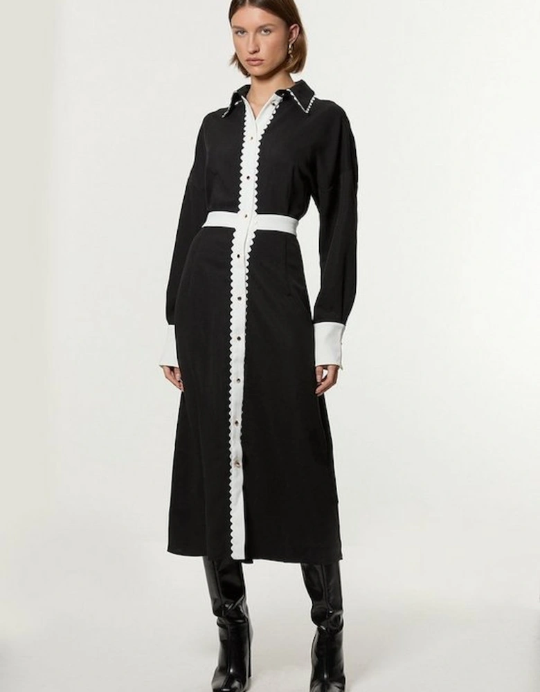 Scallop Trim Woven Crepe Shirt Dress