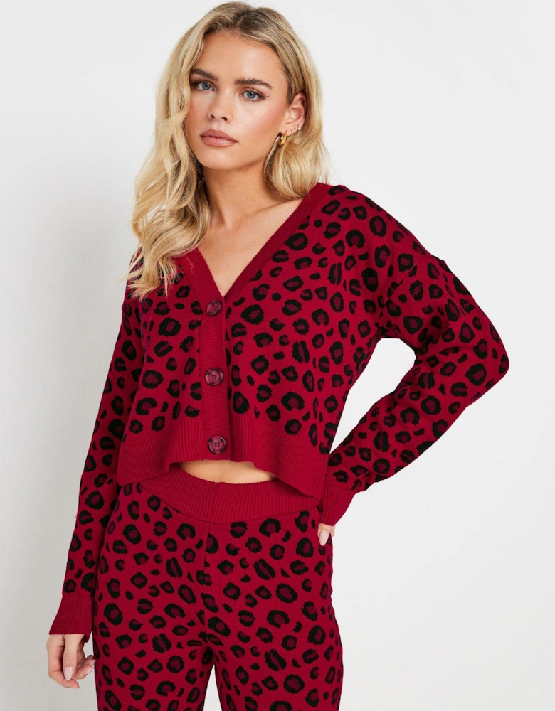 Petite Leopard Knitted Cardigan - Red