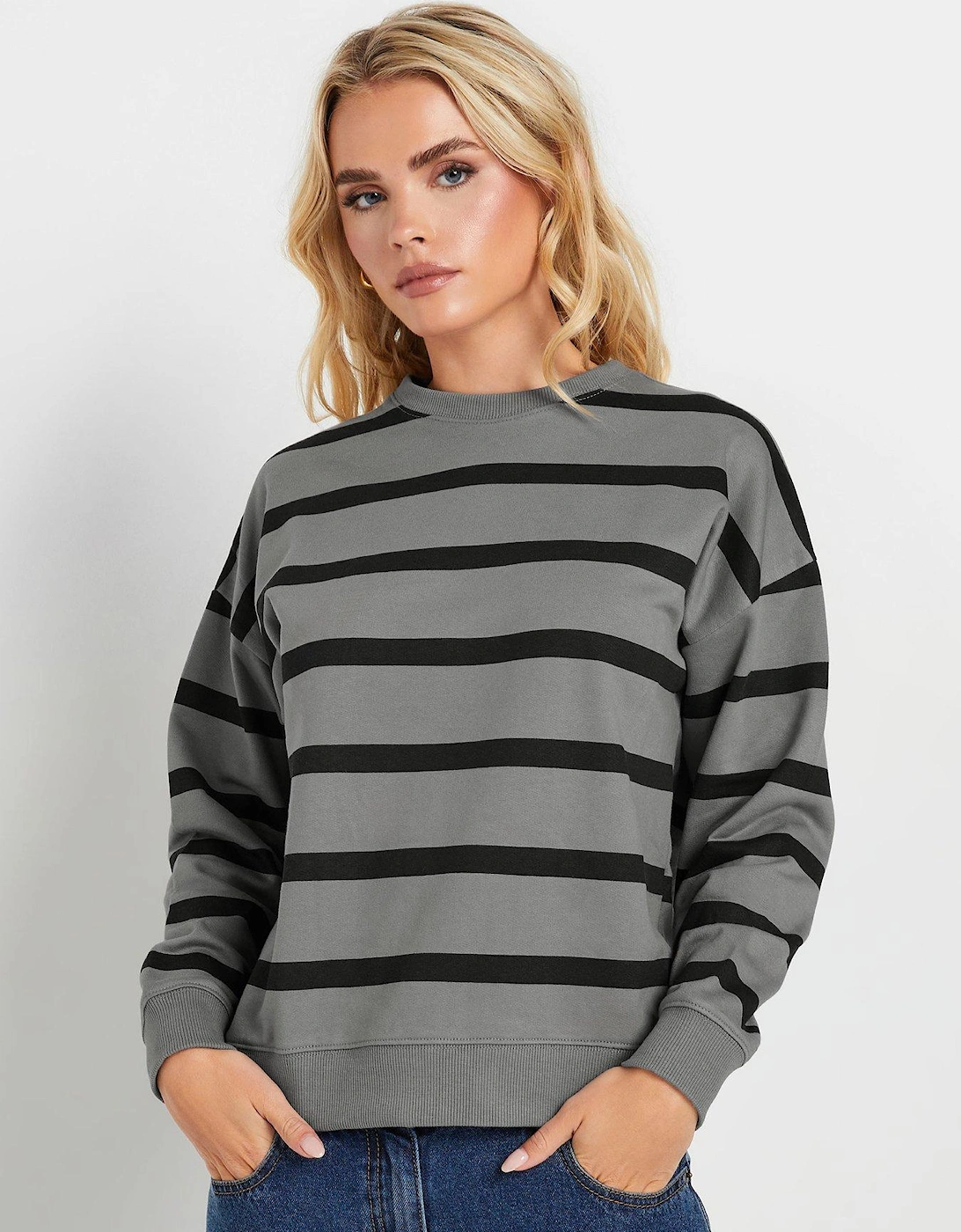 Petite Stripe Crew Neck Sweatshirt - Grey, 2 of 1