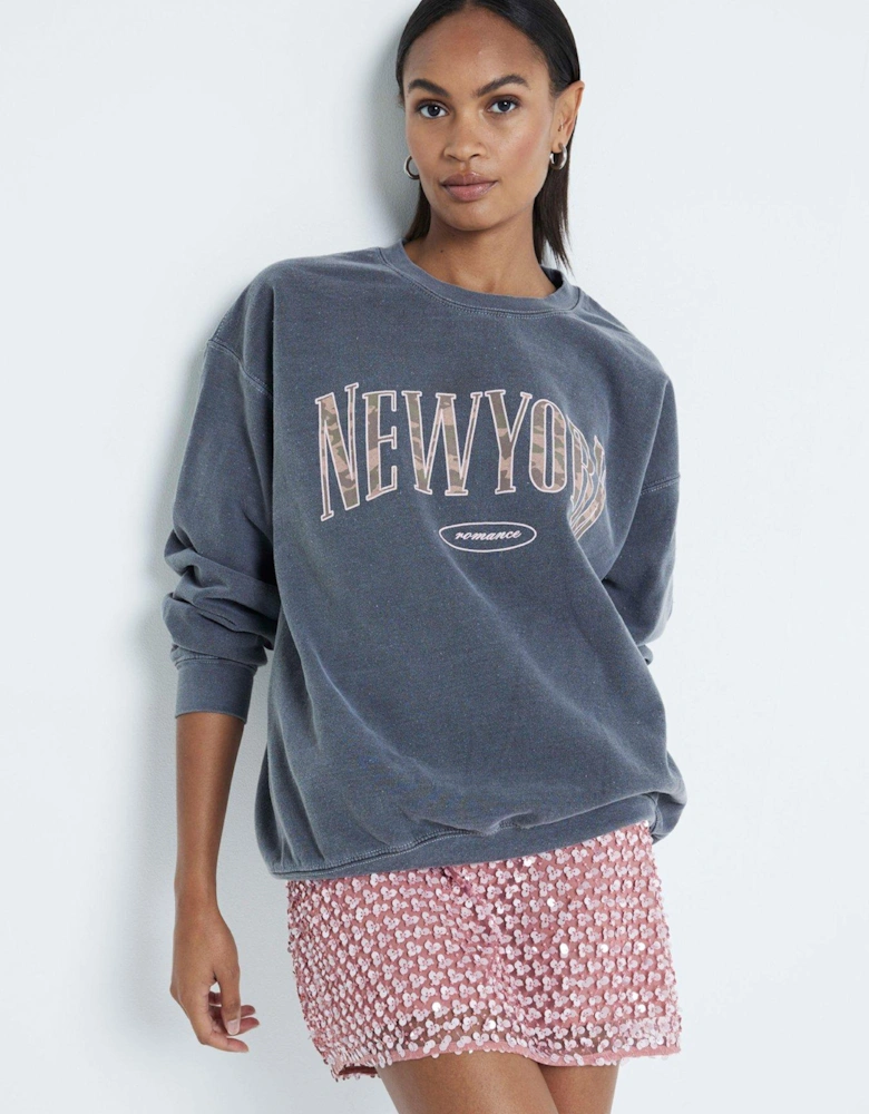 New York Camo Slogan Sweatshirt - Dark Grey