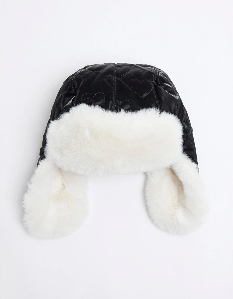 Girls Padded Heart Trapper Hat - Black