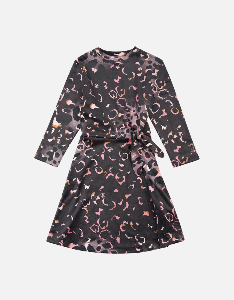 Girls Leopard Print Velour Dress - Black