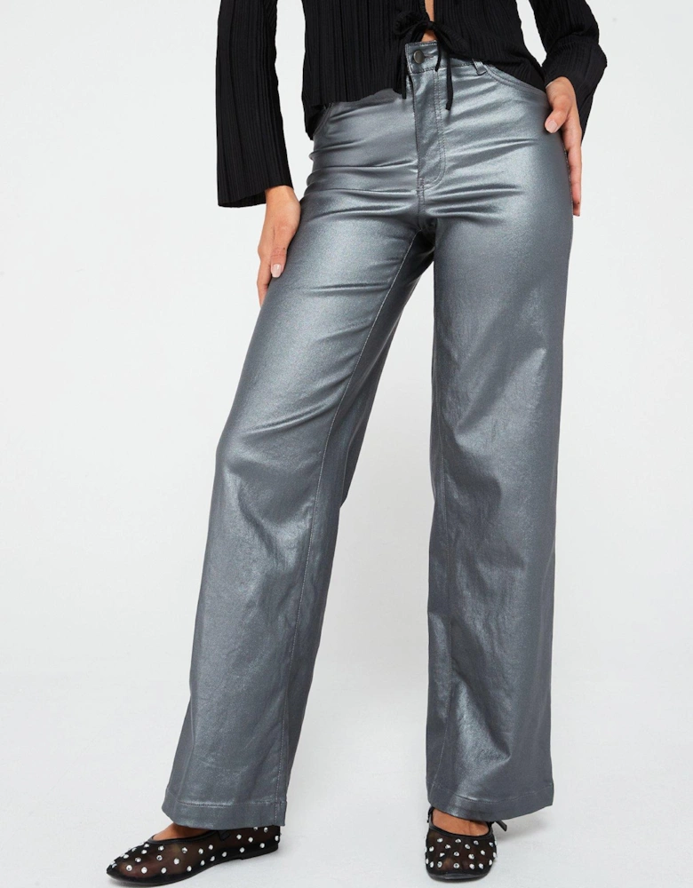 High Waist Wide Leg Coated Trouser - Grey