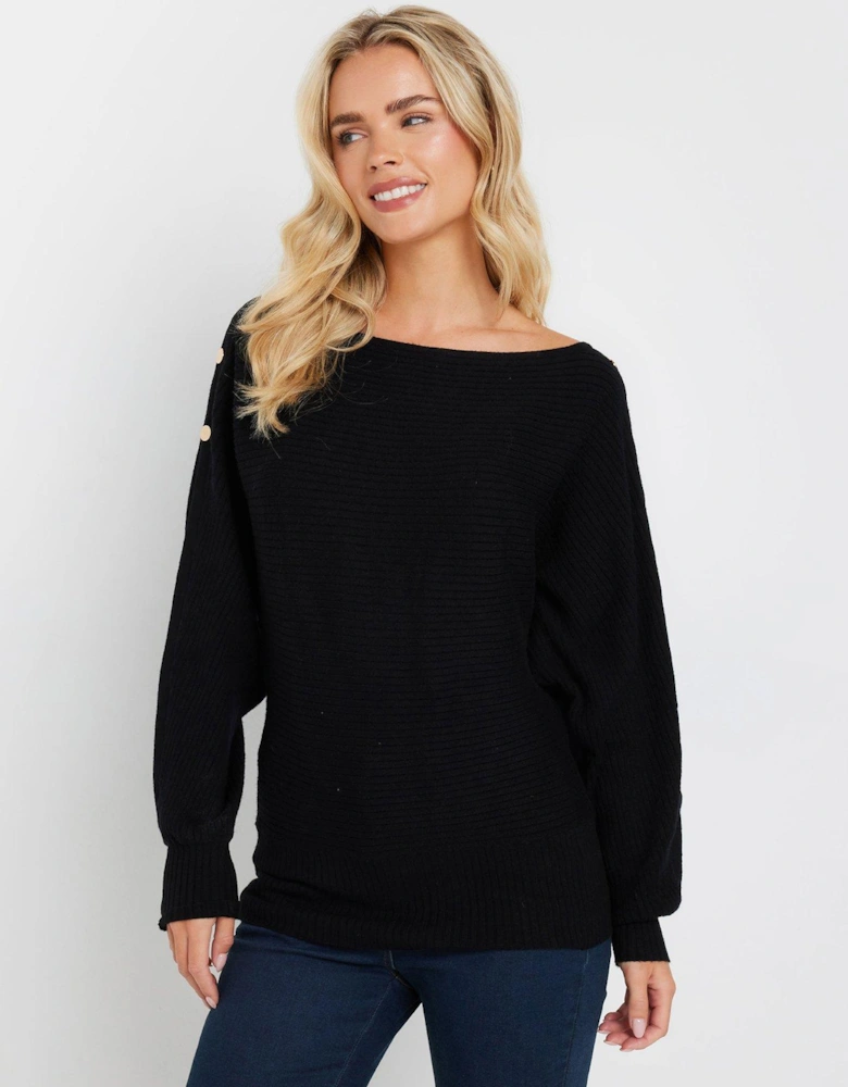 Petite Rib Button Detail Jumper - Black