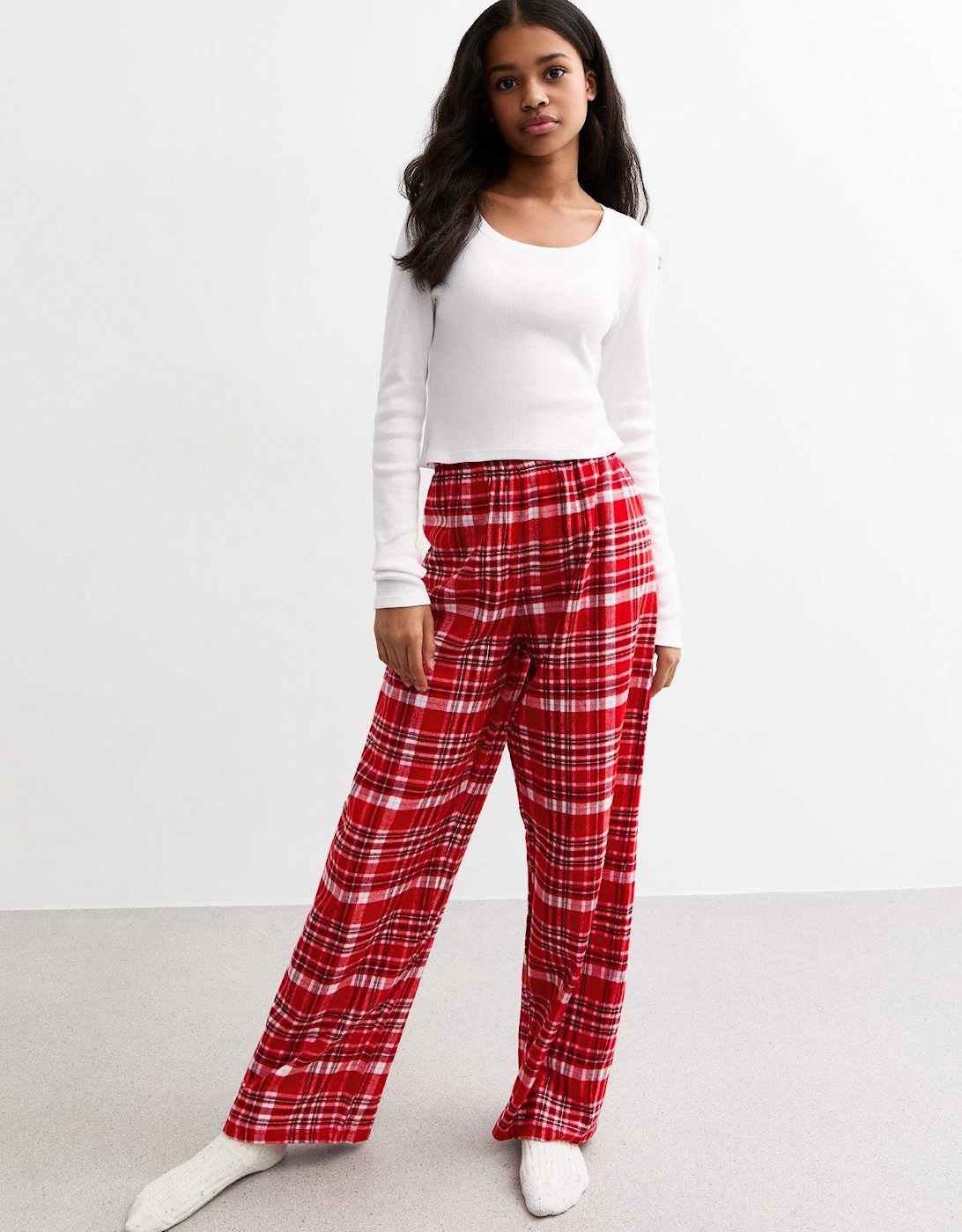 Girls Red Plaid Flannel Long Pyjama Set, 6 of 5