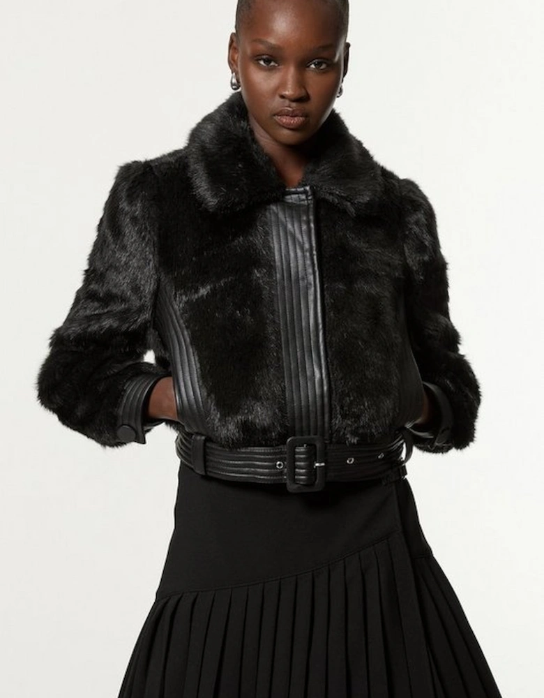 Petite Faux Fur Pu Panelled Belted Cropped Jacket