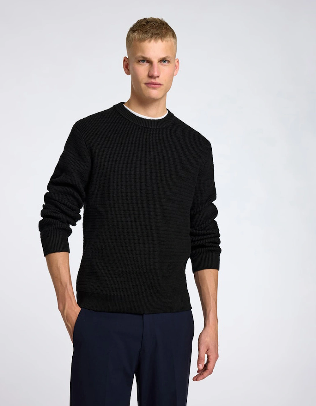 Homme Theo Long Sleeve Knit Structure Crew Neck Black