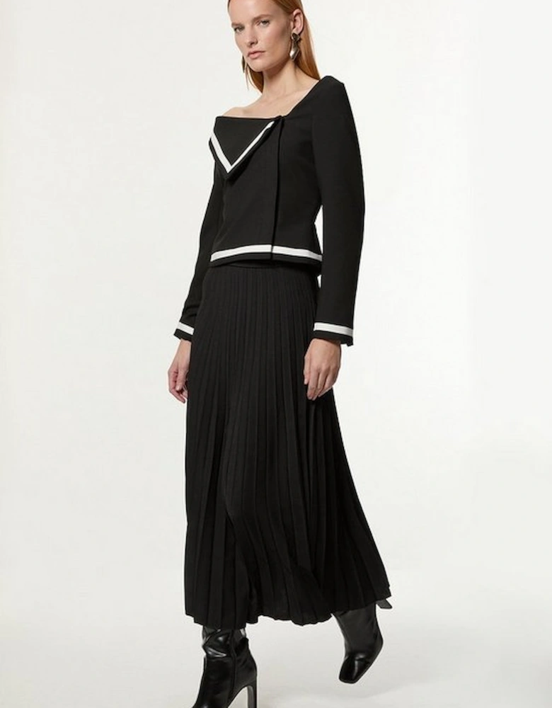 Compact Stretch Asymmetric Neck Colour Block Pleated Tailored Maxi Dress