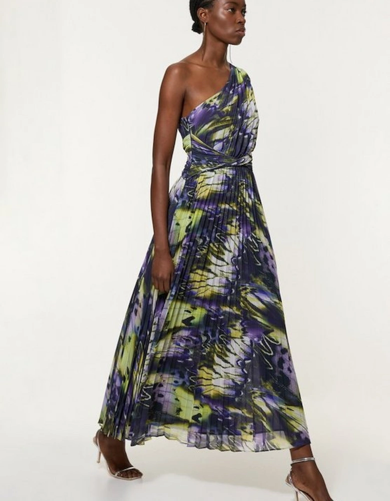 Crinkle Feather Print Woven One Shoulder Maxi Dress