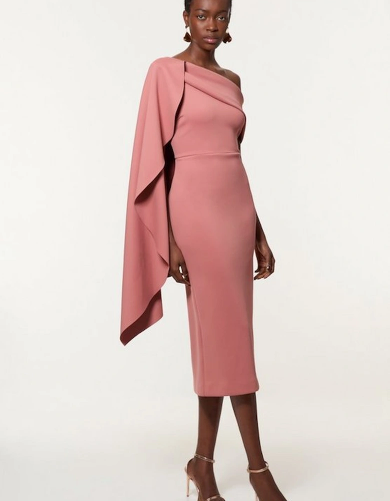 Scuba Crepe Dramatic Rosette Woven Cape Midi Dress