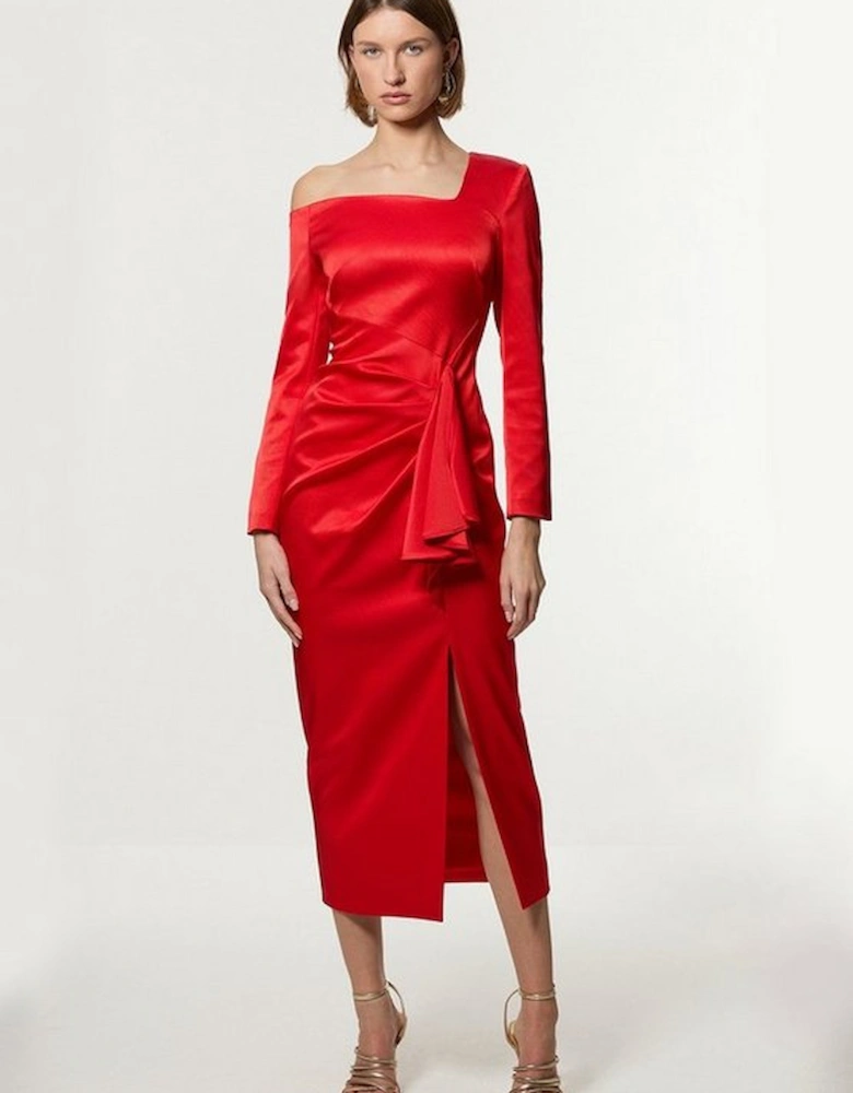 Italian Structured Rib Asymmetric Neckline Draped Tailored Maxi Dress