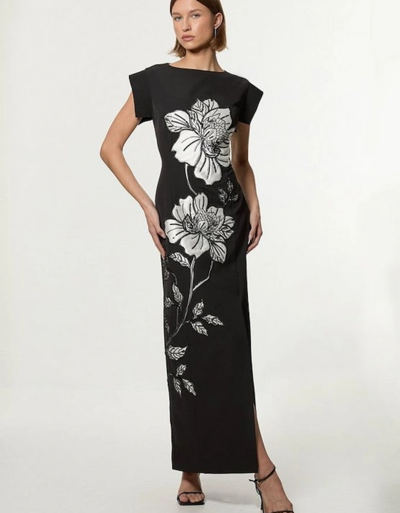 Tailored Applique Satin Beaded Maxi Dress