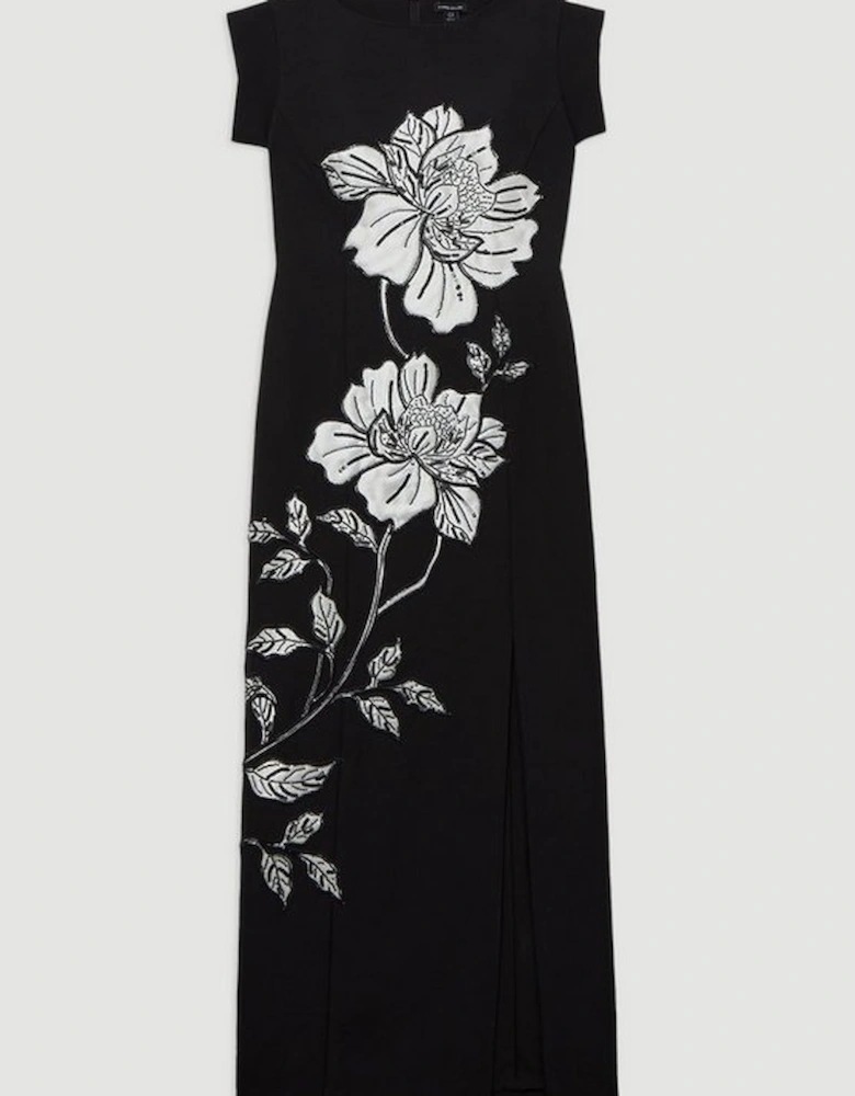 Tailored Applique Satin Beaded Maxi Dress