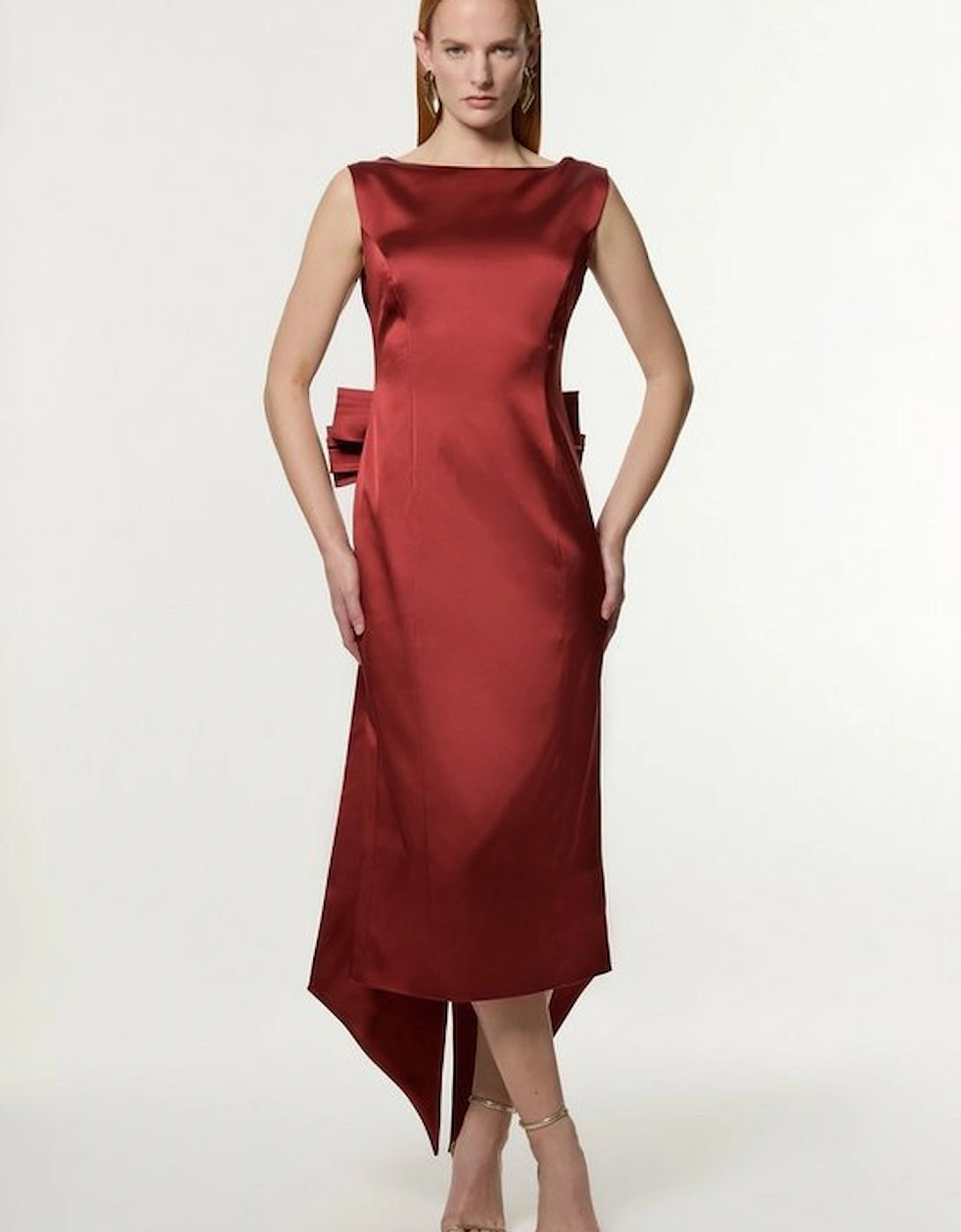 Italian Satin Tailored Bow Detail Maxi Dress