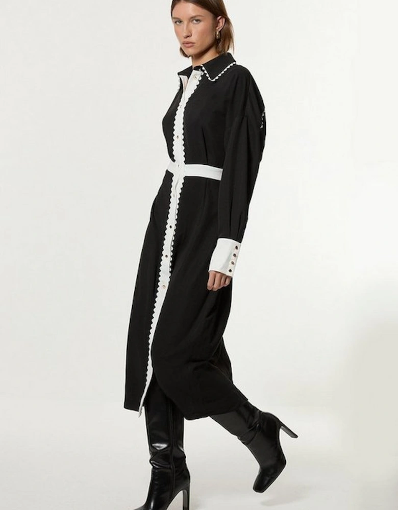 Scallop Trim Woven Crepe Shirt Dress