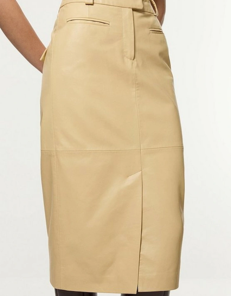 Leather Tailored Pencil Midi Skirt