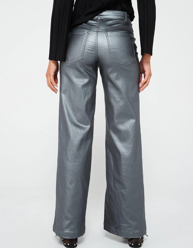 High Waist Wide Leg Coated Trouser - Grey