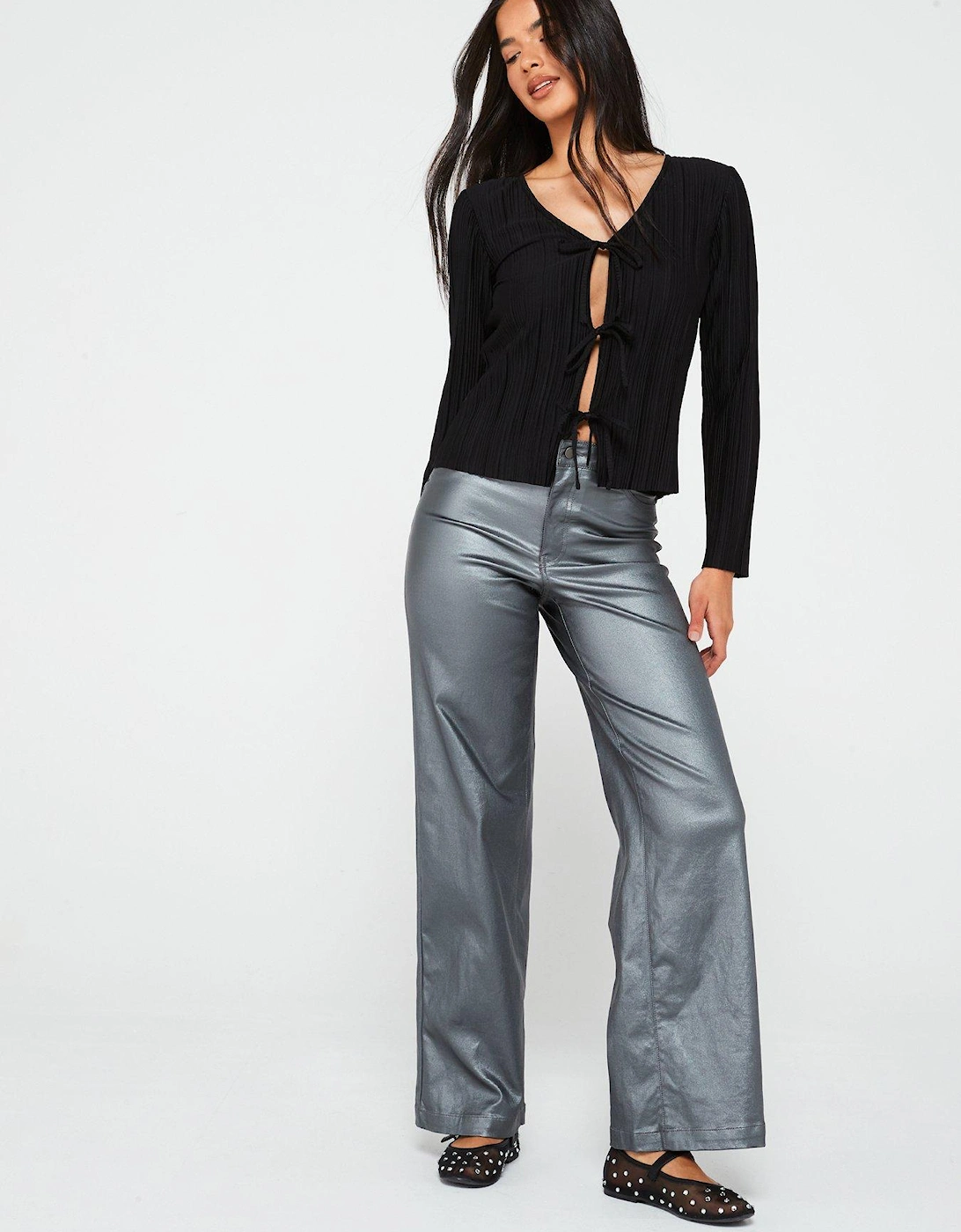 High Waist Wide Leg Coated Trouser - Grey