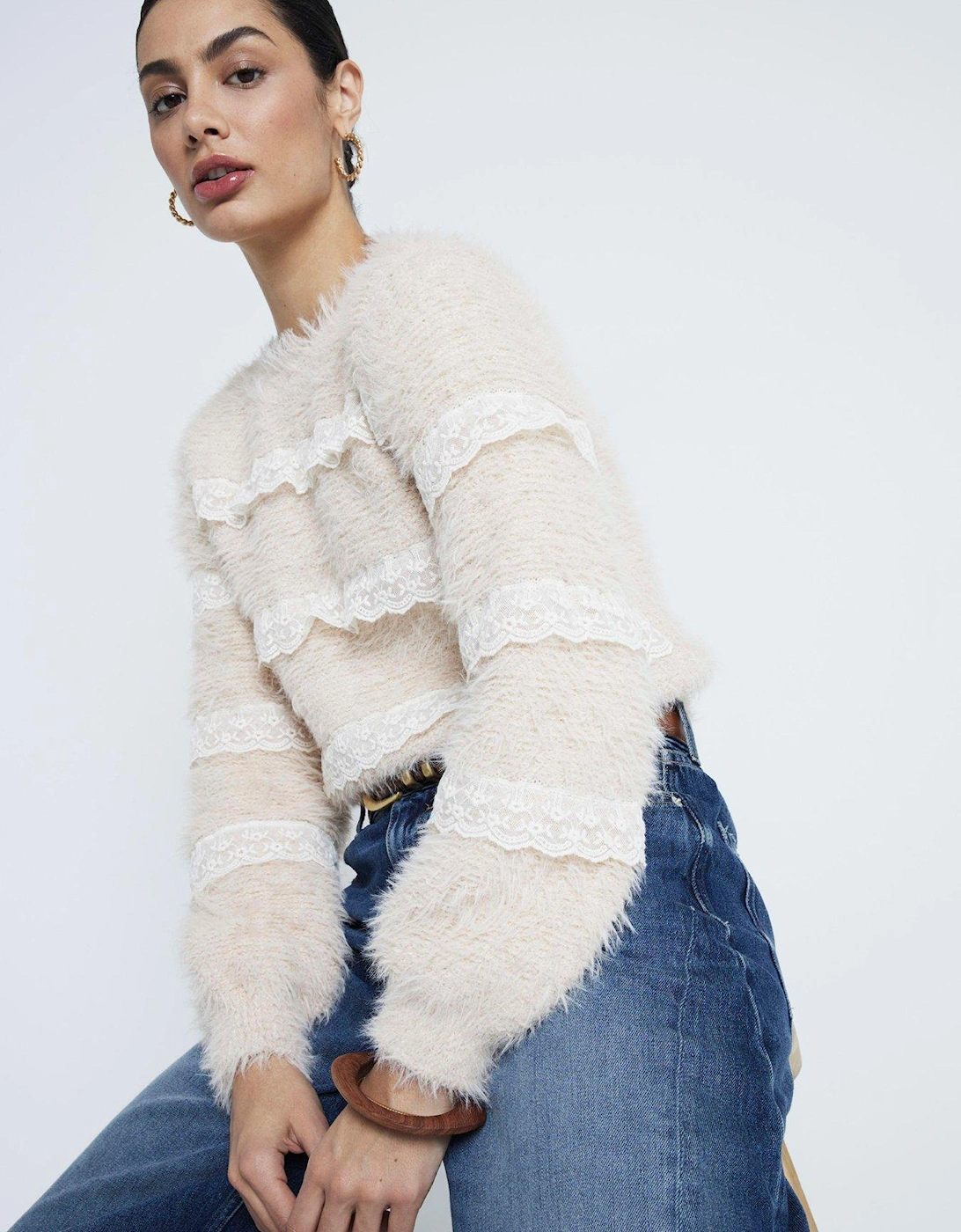 Fluffy Lace Trim Jumper - Light Pink