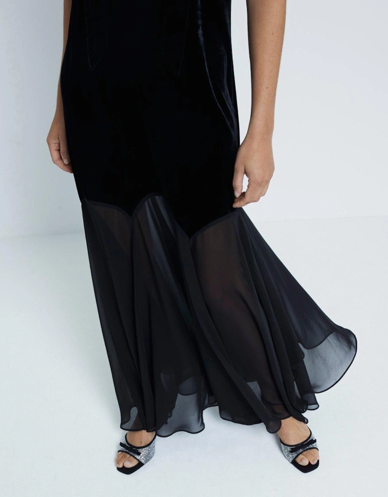 Velvet Chiffon Maxi Dress - Black