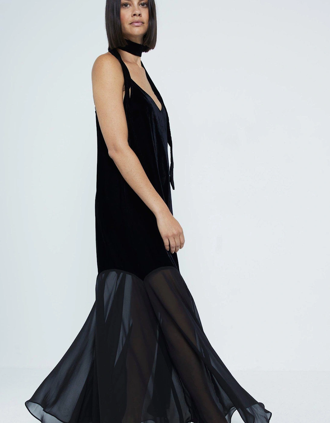 Velvet Chiffon Maxi Dress - Black