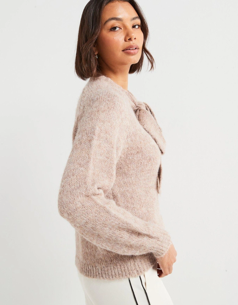 Zoey Long Sleeve Bow Knitted Pullover - Neutral