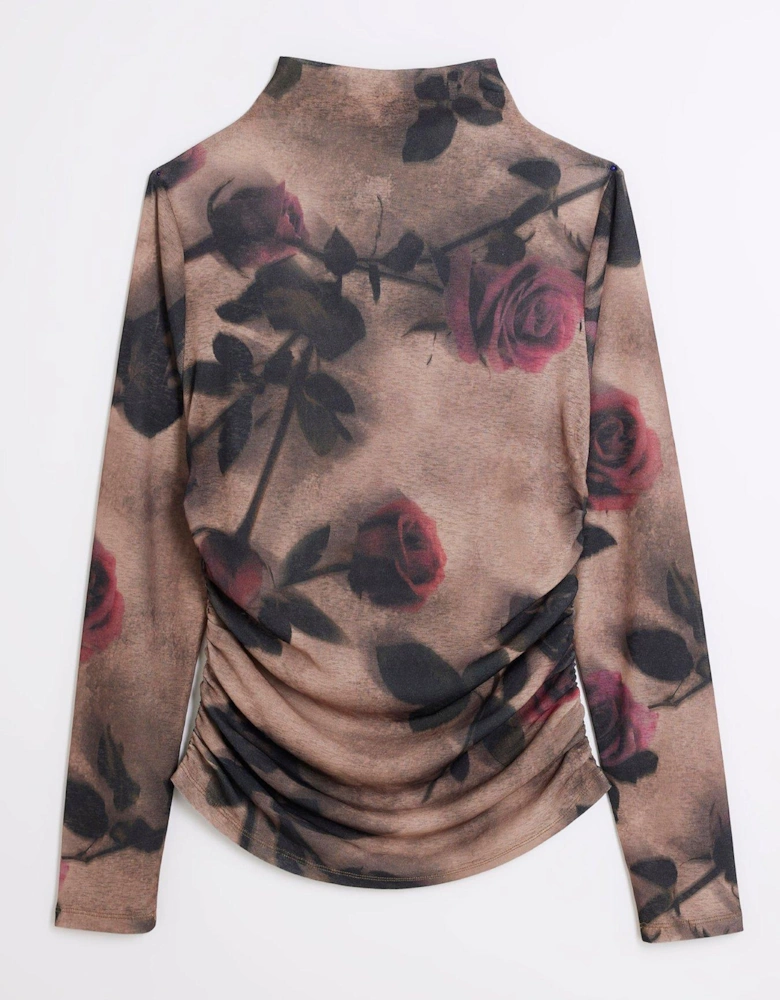 Floral Ruched Mesh Top - Beige