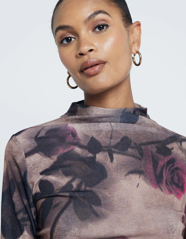 Floral Ruched Mesh Top - Beige
