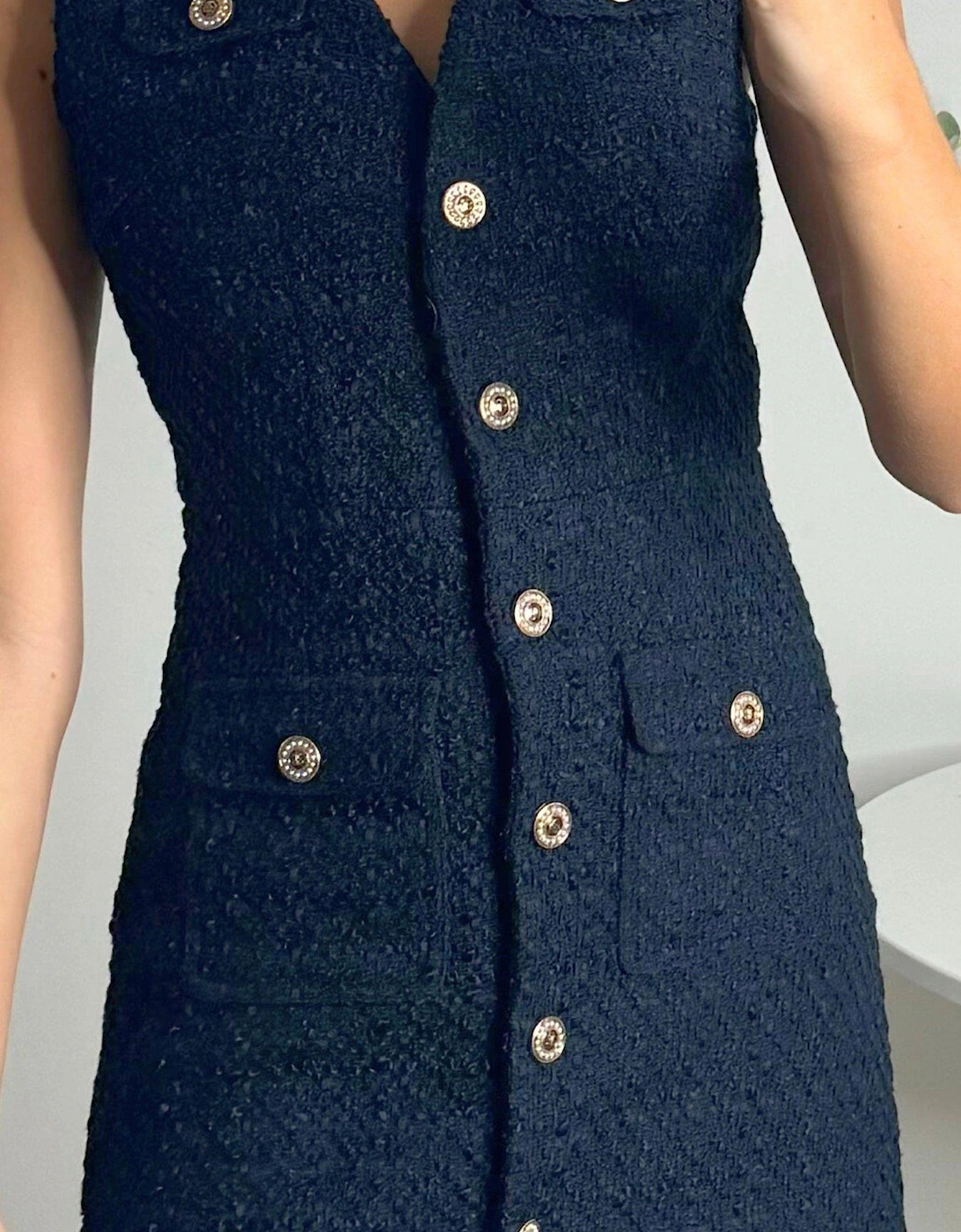 Textured Button Detail Dress - Navy