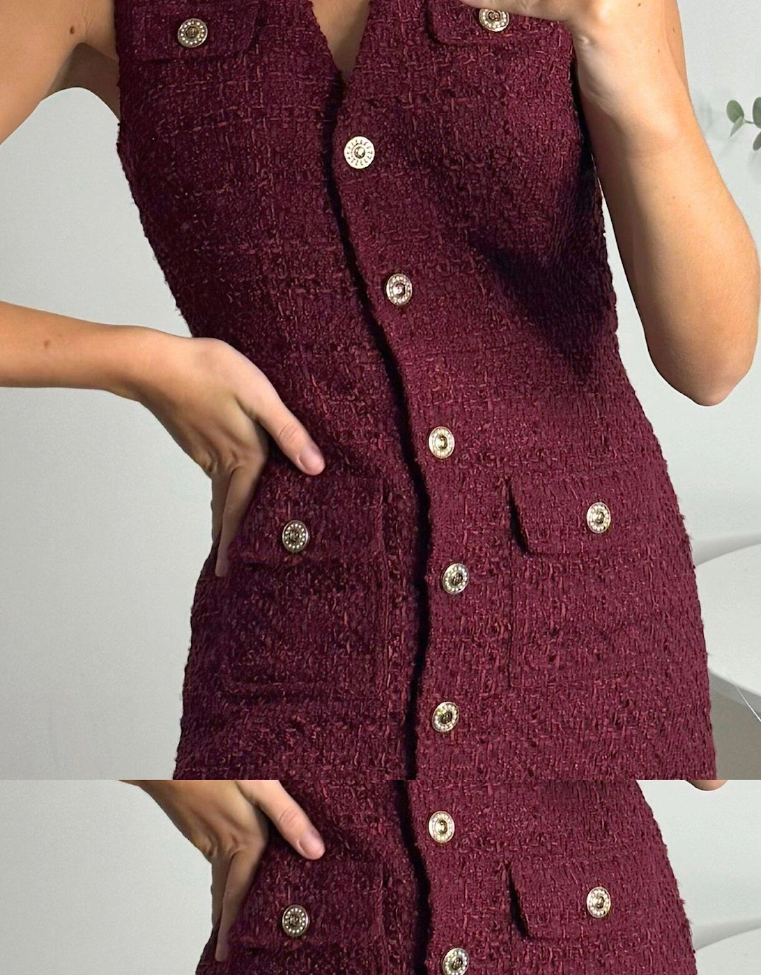 Textured Button Detail Dress - Burgundy