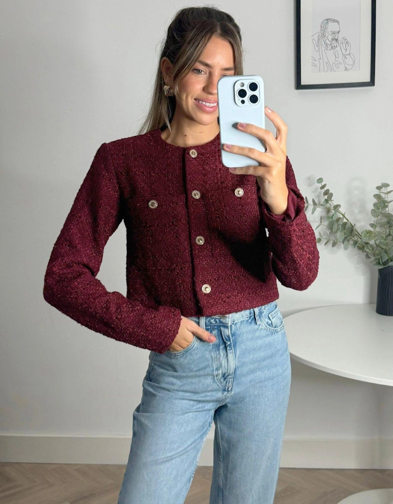 Button Detail Boucle Knit Jacket - Burgundy