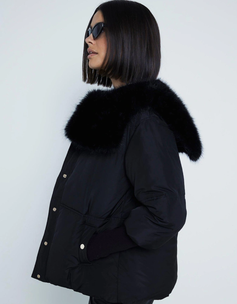 Padded Faux Fur Collar Jacket - Black