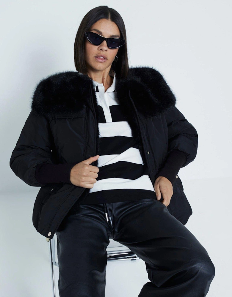 Padded Faux Fur Collar Jacket - Black