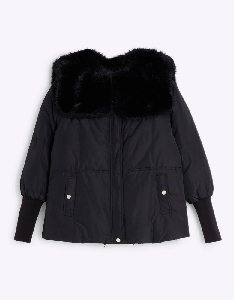 Padded Faux Fur Collar Jacket - Black