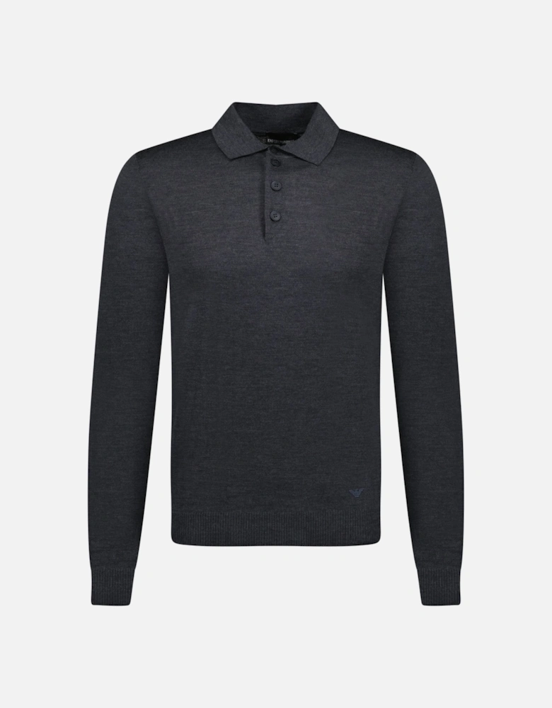 Eagle Logo Virgin Wool Long Sleeve Polo-Shirt Black