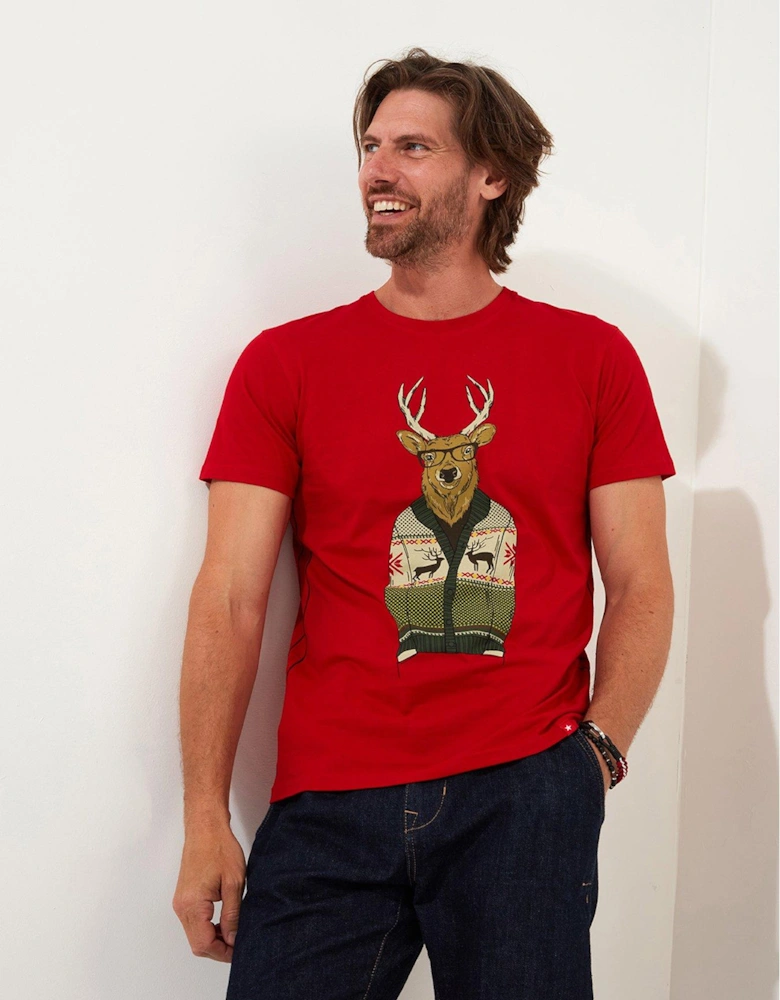 Novelty Christmas Stag Graphic T-shirt - Red