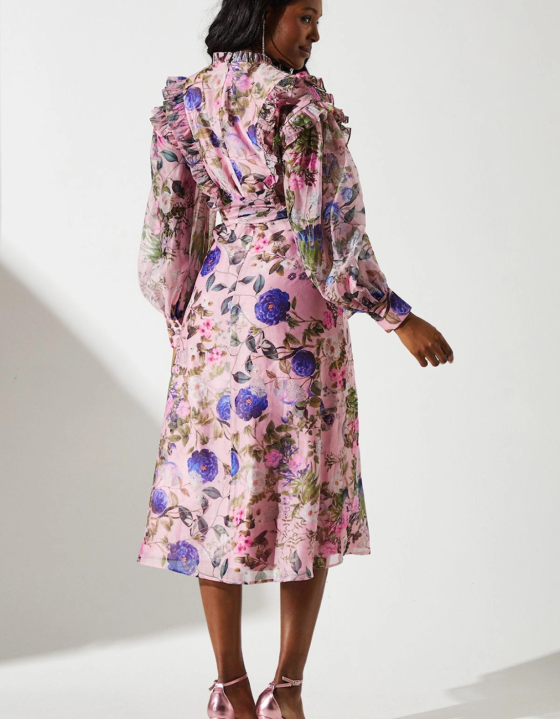 Printed Organza Frill Trim Midi Dress