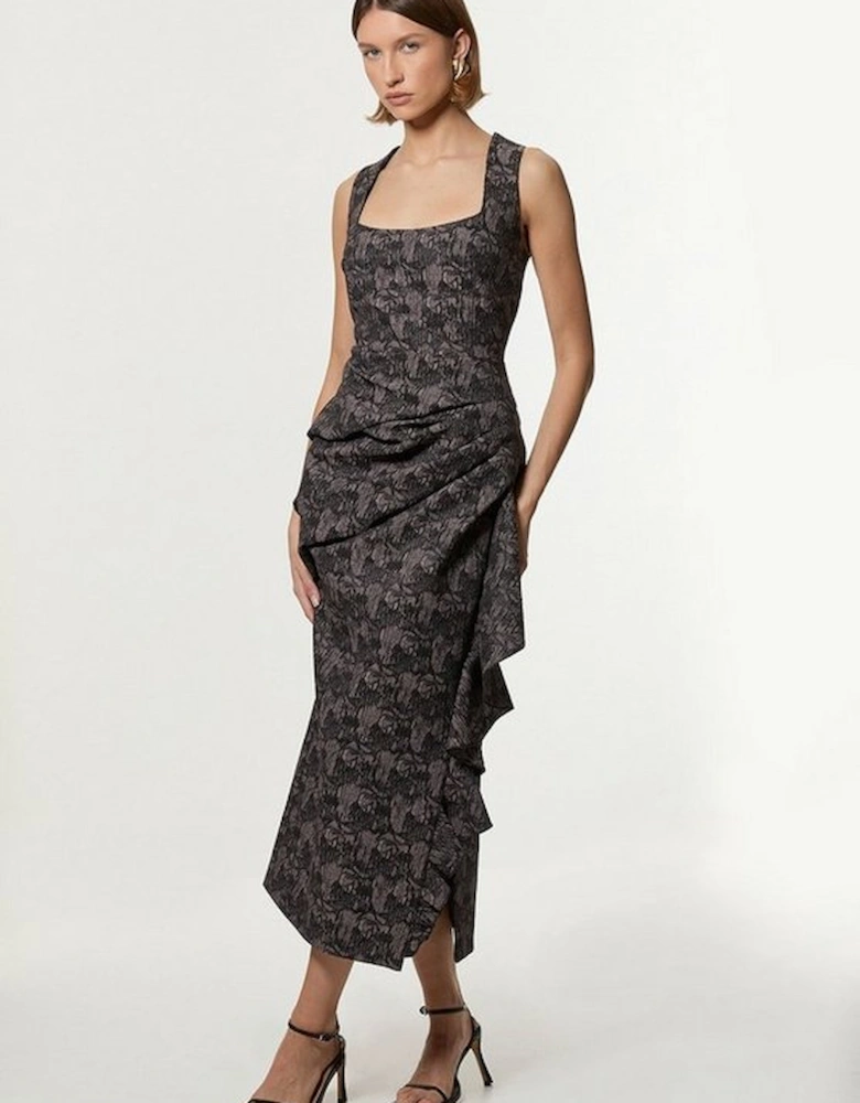 Petite Jacquard Ruffle Strappy Tailored Maxi Dress