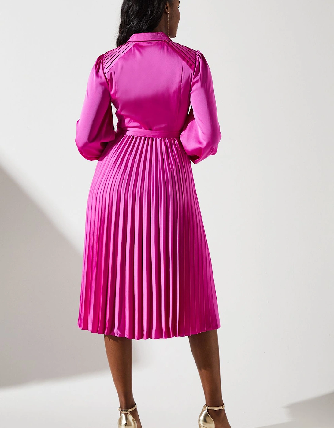 Pleated Satin Shirt Dress