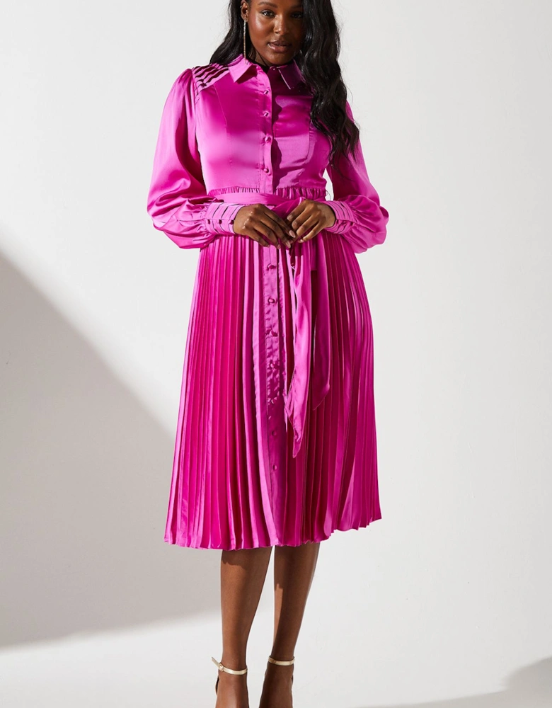 Pleated Satin Shirt Dress