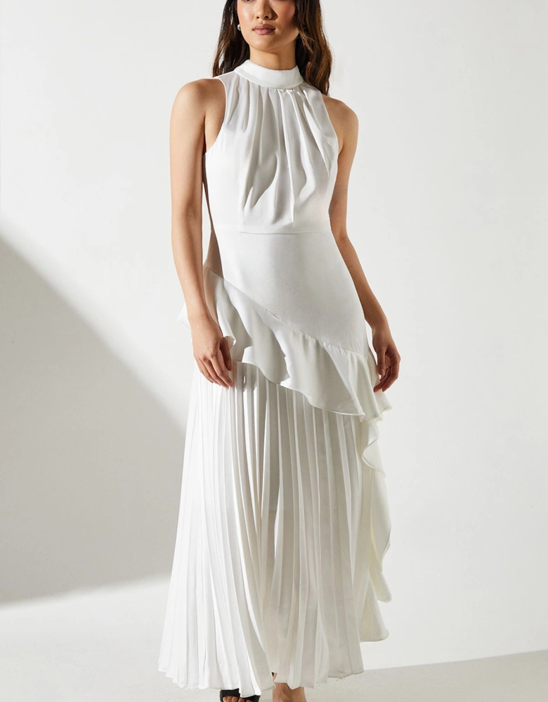 Sleeveless Ruffle Pleat Satin Back Crepe Dress