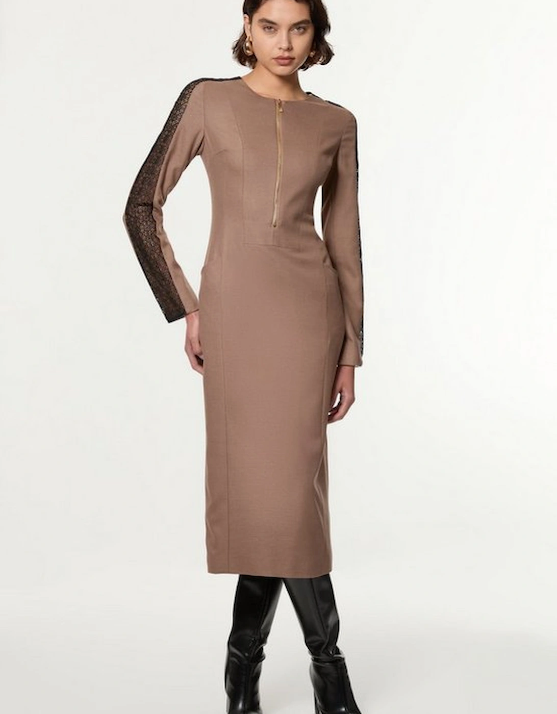 Petite Tailored Twill Lace Mix Zip Front Midi Dress, 5 of 4