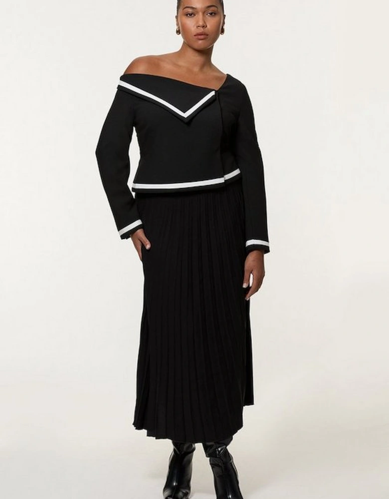 Plus Size Compact Stretch Asymmetric Neck Colour Block Pleated Tailored Maxi Dress