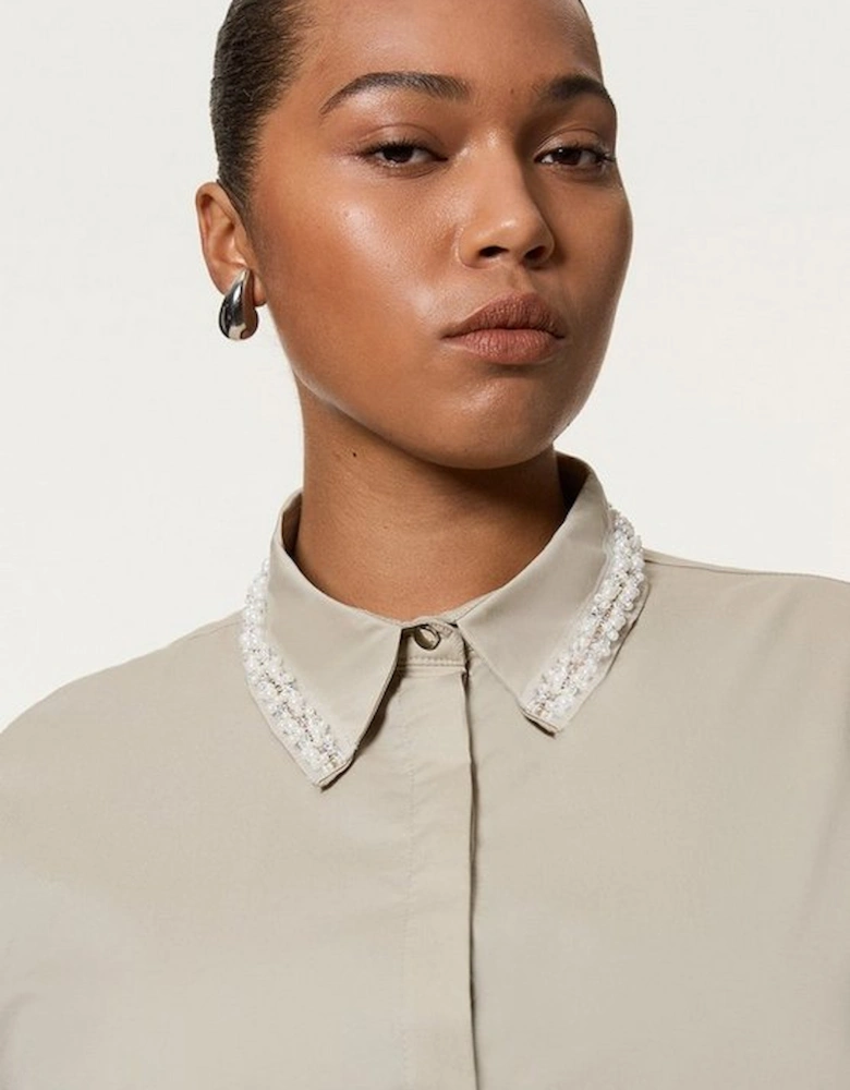 Plus Size Pearl Trim Cotton Woven Shirt