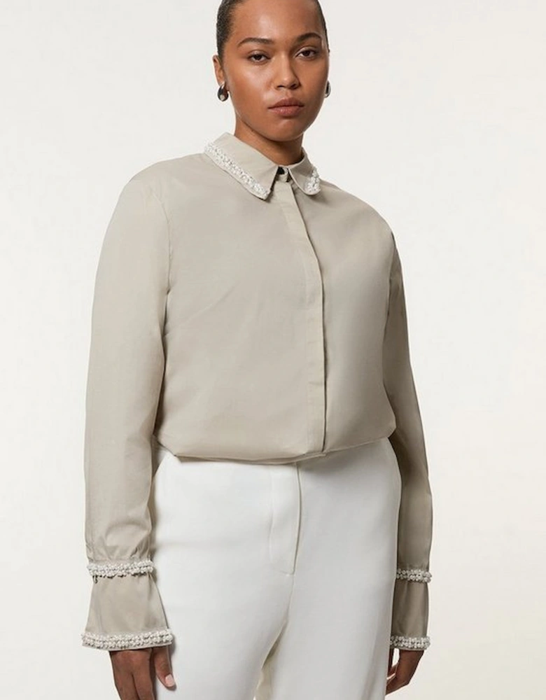 Plus Size Pearl Trim Cotton Woven Shirt