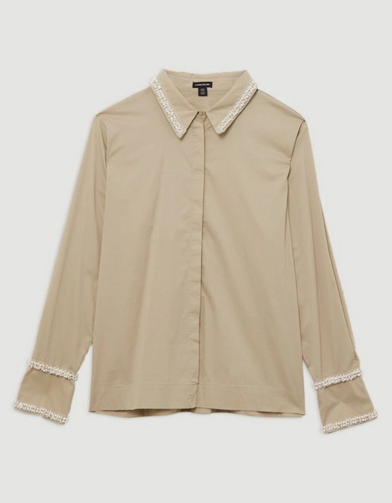 Plus Size Pearl Trim Cotton Woven Shirt