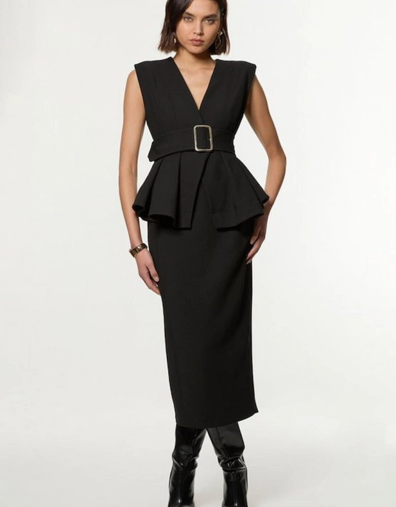 Compact Stretch Belted  Peplum Tailored Maxi Dress